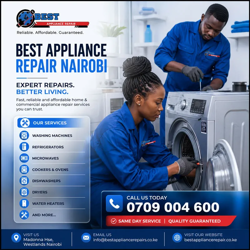 Professional appliance repair technician servicing a fridge in a Nairobi home